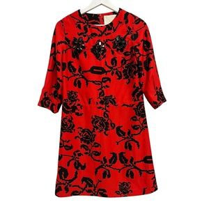 Karta Dress Womens Small Red Black Floral Rhinestone Shift 3/4‎ Sleeve Party